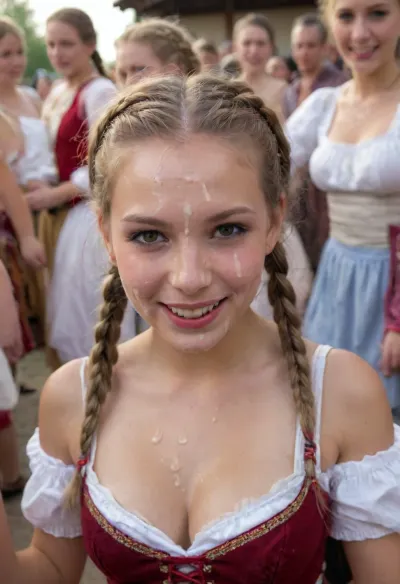 Many eastern European girls, 22 years old, traditional costume, sexy, hair plaits, smile, dancing, ((cum on face)), festival, facial, breasts, stomach, covered, in, perfect, <lora:Facials:.8>, woman, cum, on, face, <lora:JustCum:.8>