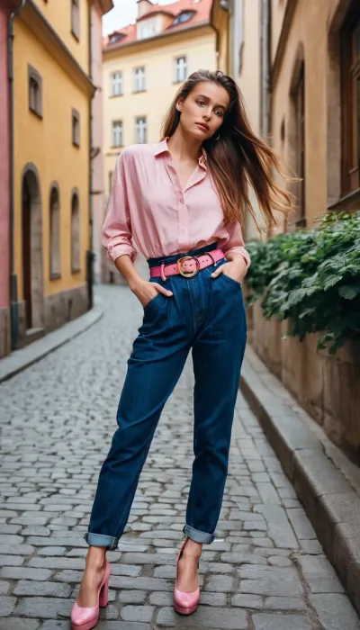 dark blue baggy paperbag slouchy jeans, very long hair, pink belt, gold shoes, prague, slouchy style, ponytail, gold blouse