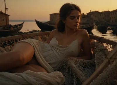 Poor Italian girl, 20 year old, lying on piled fishing nets, frontal view, head turned away, spread nude thighs, hairy pussy, torn sleeveless poor cotton dress, 19th century, wooden fishing boats, fishermen nearby with naked upper body, Tuscan village in background, port at dawn, warm light, petroleum lamp