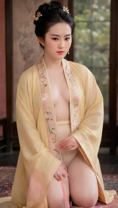 Beautiful chinese woman, tang princess, subtle natural makeup, （Hair was combed upward into a tall, structured chignon, creating a lofty and elegant appearance），empress yellow robe embroidered with phoenix and other patterns, open robe revealing naked underwere, dense black pubic hair, (blushing, embarrassed, shy, submissive, sobbing，angry:1.8), (detailed hairy vagina, labia, clitoris, many pubic hair:1.2), song, style, dynasty, Beautiful perfect orgasm face, perfect closed eyes, perfect open mouth, black eyes）, full body view, bending over Inside a Yurt. ancient mood, detailed photo, photorealistic photo, realistic pretty women photo, hyper realistic, high-resolution, 8K, insanely detailed, perfect shadows, masterpiece, sexy, passion, desire, sharp focus, photorealistic, hyperrealistic, high resolution, very detailed, 8k, RAW photo, highest quality, szhf, dress, LIU_ICE, lyfei, woman, <lora:szhf:.5>, <lora:LIU YIFEI_SDXL:.4>, <lora:liuyifei:1.8>