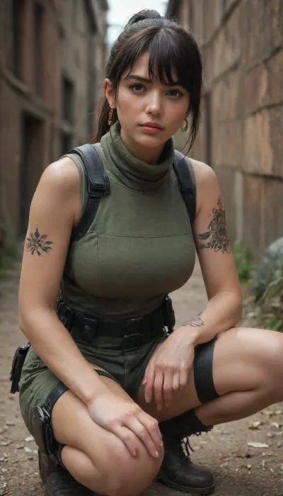 masterpiece, perfect face, 1 girls, ponytail, dark hair, adult, (bangs:1.1), (Realistic X:1.3), turtle neck, sleeveless, short pants, knife holster, squatting, tattoo, thigh belt, gauntlet, (massive:1.6)
