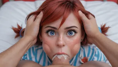 ((((((Wendy's mascot inspired character)))))), (18yo), (tight), ((((surprised)))), (huge dick), (creamy deepthroat pov), (cum), (hands holding hair), ((laying on white bed background))