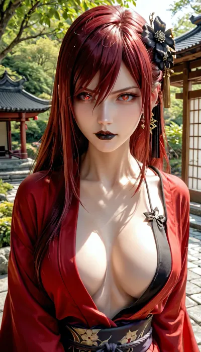 Erza Scarlet, black flower hairpin in hair, (expressive red eyes), (eye glow), pale skin, athletic body, black nails, (black lipstick), in Japanese garden, wearing open red kimono with black flower design, side boob, holding katana sheathe