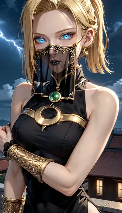 Android 18, (high blonde sidewinder ponytail covering 1 eye), (glowing blue eyes), (eye glow), pale skin, athletic body, black nails, (black lipstick), (wearing black cheongsam with gold lining), black metal bracers, black tiara, green gems, (wearing decorative mouth veil), (black mouth veil), feudal japan, on rooftop, dark setting, black sky, dark night, blue lightning, midnight, crescent moon