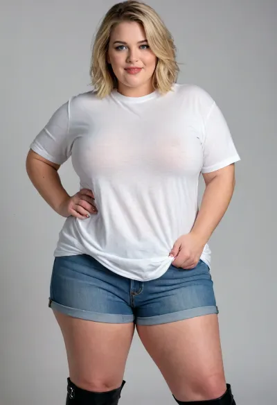 1 woman, white, American, hair, blonde, chubby face, pretty eyes, double chin, broad jawline, fat shoulders, strong arms, (((gigantic breasts under shirt:1.3))), (Wearing a loose wide oversized T-shirt white:1.2), blue Jeans, high Black Boots, high resolution, woman, 50 yo, slight wrinkles in face, looking into camera, Detailed Face, 3/4 body, chubby body, high definition face, high cheekbones, green eyes, seductive smile, fat ass, strong thighs, wide hips, bob haircut, bbw, chubby, plus-size, fat hips