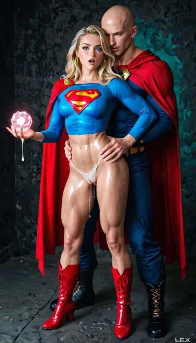supergirl, blue top with long sleeves, stomach visible, blue skirt, red boots, red cape, white thong, yellow belt, blue eyes, blond hair, perfect body, lex luthor from dc comics, dripping cum, massive cock, man wearing a black and green armor, bald man, pussy wet, rough sex, muscle man, man holding a pink glowing stone, full body view