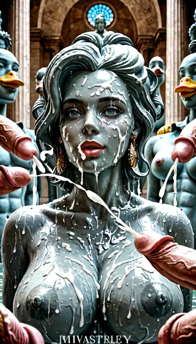 Beautiful woman, statue of liberty personified. Large breasts. Surrounded by erect ducks. Dicks are ejaculating everywhere.