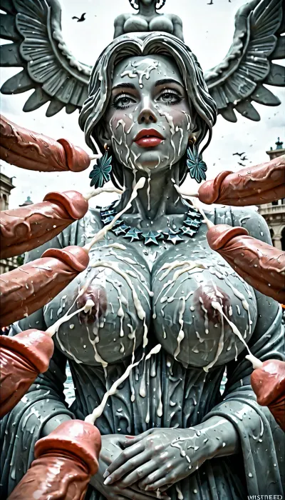 Beautiful woman, statue of liberty personified. Large breasts. Surrounded by erect ducks. Dicks are ejaculating everywhere.