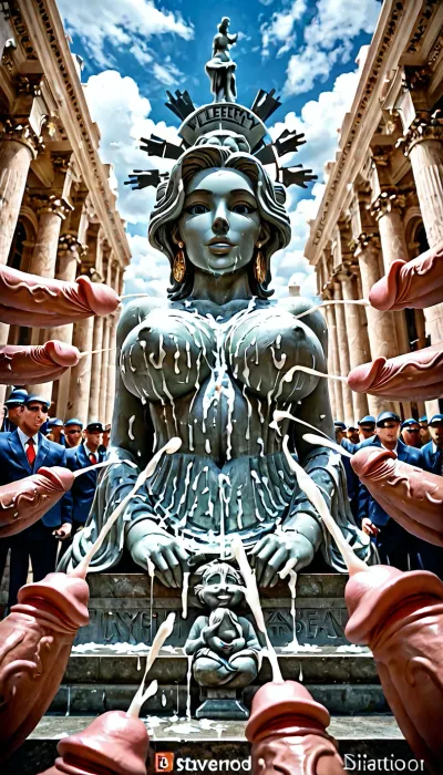 Beautiful woman, statue of liberty personified. Large breasts. Surrounded by erect ducks. Dicks are ejaculating everywhere.