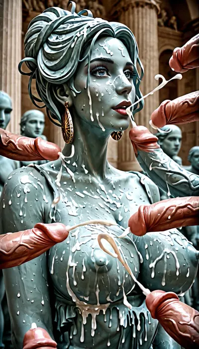 Beautiful woman, statue of liberty personified. Large breasts. Surrounded by erect dicks. Dicks are ejaculating everywhere.