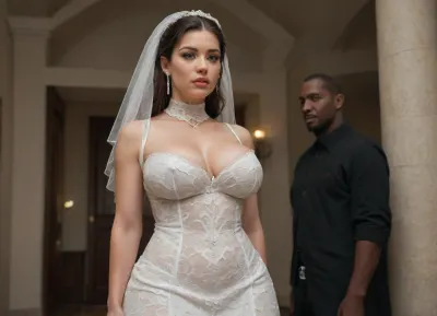 ((Curvy Busty Iranian Bimbo)), interracial, Super Giant extreme exclusive large thick black dick, muscular black skin brute, Avant-garde bridal gown with a bold architectural design. The upper bodice is fully striped, made from soft, loose-flowing matte fabric such as heavy crepe or structured chiffon. The fabric gently drapes over the shoulders, neck, and chest, forming a modest high-neck collar and covering the bust without clinging to the body. Curvy iranian bride, The coverage ends abruptly and precisely just at the nipple line — creating a dramatic and intentional cutoff with no lace, mesh, or transition. Below this point, the skin is fully exposed or transitions directly into a minimalist high-waisted skirt, making the exposed midsection an intentional and striking design feature.

The contrast between the modest, flowing upper section and the sudden exposure beneath creates a radical, editorial look that challenges traditional bridal aesthetics. The overall silhouette is clean, minimal, and sculptural.

Color palette, pure white or ivory, with no embellishment — relying on shape and concept alone for impact. Accessories, none or very minimal, to emphasize the raw form of the gown.
