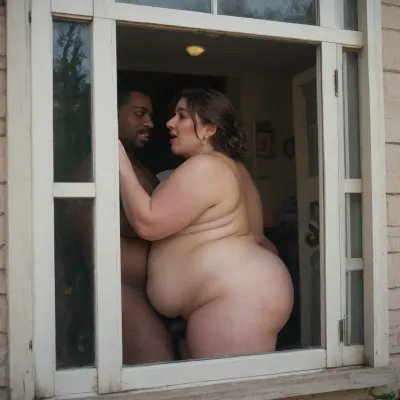 (Paparazzi Photo Photo from the street, through the window, from the house opposite, at a distance of 10 meters), . Interracial sex. Real mature obese fat man and woman. The man in the back. Interracial sex. Hairy Real mature obese overweight fat man and woman. The man in the back, dim light