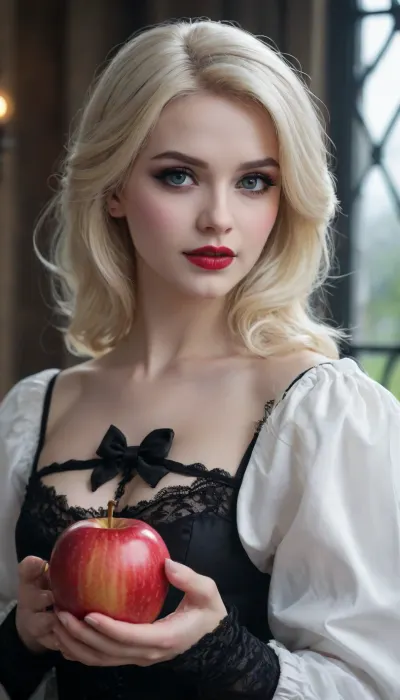 very beautiful Snow White, shoulder-length blond hair, dark makeup, smirk, offers an apple, Gothic style, art, fantasy, drawing in the style of realistic anime, dark, Gothic