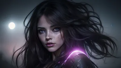 A tilt-shift image of a shy woman with a very long hair, chaotic darkness, scribbled lines, surrender, polychromatic, anthropomorphic, humanoid, diffuse subsurface scattering, elaborate hairstyle, small breasts, realistic highly detailed large beautiful crystal eyes with light glowing {blue, green} iris, heartshaped lips, freckles, lip gloss, aroused skin, purple skin, dramatic sunrise, ground-fog, fog, iridescent perspective view, (blackened darkness mood), night vision, parallax, double exposure, #©KITTYART