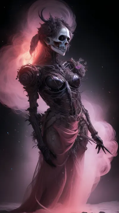 A Macabre and Surreal Illustration of a woman in light pastels depicts a skeletal figure adorned with elaborate floral arrangements that blend elements of the Gothic and Symbolist art movements. Meticulously detailed. Strong contrast between the organic and inorganic. A somber and timeless atmosphere with a hint of nostalgia and history. The light source comes from the front and casts subtle shadows that enhance the three-dimensionality of the bones and flowers. The floral elements are rendered with great attention to detail, their soft petals contrasting with the sharp, angular lines of the skeleton. The flowers add a romantic touch to the work. The texture is smooth with delicate, precise lines and a polished finish. Masterful blend of horror and beauty. Provokes reflection on the transience of life and the inevitability of death. floral short skirt made of cotton candy, romantic sunset, red, smoke, colorful and vibrant, mystical colors, iridescent perspective view, sweeping circling composition, non-representational, colors and shapes, expression of feelings, imaginative, long shadows, dreamy mood, detailed photo, photorealistic photo, realistic pretty women photo, realistic, night vision, soft fokus, parallax, overexposure, photo style, she kneels, cinematic, filmic, scribbled lines, surrender, polychromatic, diffuse, #©KITTYART