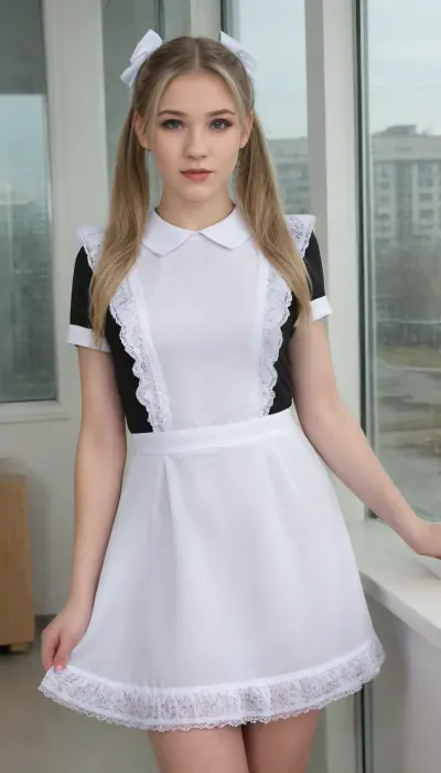 beautiful blonde 18 years old with ponytails woman, beautiful face, detailed face, detailed hands, white bows, black dress, white apron, soviet schoolgirl, white lingerie, white shoes, high heels, background glass walls, suxl, M3L0DYM4RK5, <lora:suxl:.8>, <lora:M3L0DYM4RK5 [vvugot1905cc735fbp19f1]:1.8>, MELODY-MARKS, <lora:melody-marks-xl:.8>