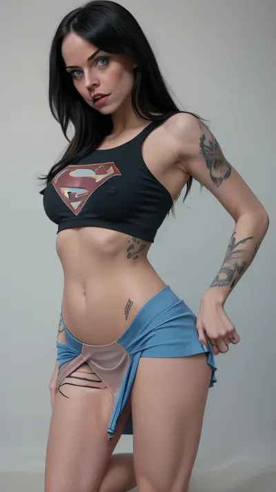 sporty naked woman legs spread, B cup breats, pert tits, ((nude)), beautiful, Gothic body tattoos, toned, sporty, seductive face, crystal blue eyes, long black hair, black mini skirt, tight fitting crop-top, yoga studio, sweaty, orgasm face, supergirl, <lora:Supergirl:.8>