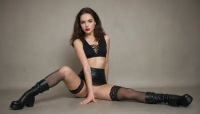 ((((ultra-realistic), (hyper-detailed)))), brunette 42 years old, brunette long straight hair, chopped fringe, black lace stockings, tight pencil microskirt, tight top, tight knee platform boots, big hazel eyes, small breast, flat breast, red lipstick, black eyeshadow Noah Bradley Style, <lora:Noah Bradley Style:.9>