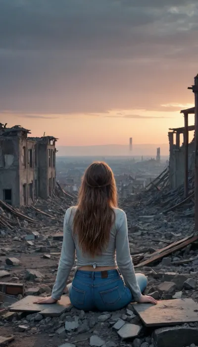 masterpiece, high resolution, post-apocalyptic, picture from behind, caspar david friedrich like picture, destoyed city, rubble and ash, girl looking at the distance, thong, short jeans, long hair, sitting, dusk