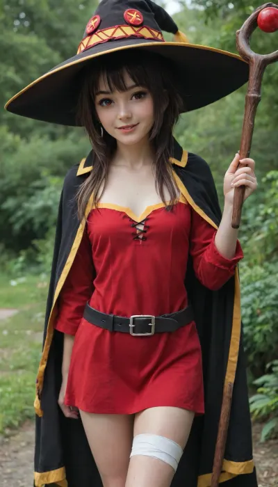 masterpiece, best quality, amazing quality, very aesthetic, absurdres, highres, ultra-detailed, Kuroda Kazuya Style, 1girl, solo, megumin, short hair with long locks, brown hair, red eyes, small breasts, black hat, red dress, black cape, belt, single thighhigh, bandaged leg, holding staff, BREAK looking at viewer, head tilt, blush, smile, hand up, sexy pose, dynamic angle, outdoors