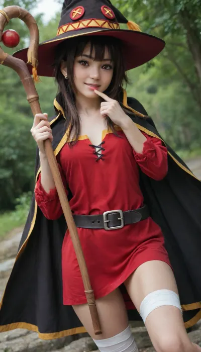masterpiece, best quality, amazing quality, very aesthetic, absurdres, highres, ultra-detailed, Kuroda Kazuya Style, 1girl, solo, megumin, short hair with long locks, brown hair, red eyes, small breasts, black hat, red dress, black cape, belt, single thighhigh, bandaged leg, holding staff, looking at viewer, head tilt, blush, smile, hand up, sexy pose, dynamic angle, outdoors