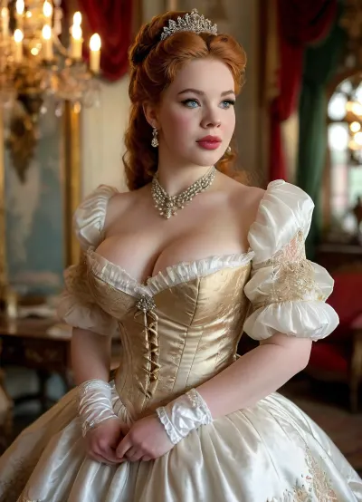 A stunningly beautiful ginger red fairytale Princess shining with Royal Pomp and Regal Splendor, (super fat bbw teen:1.3), (obese:1.3), (happy laughing face:1), (big beautiful natural saggy low hanging breasts:1.5), wearing a Stately and, (((Elaborate))), Royal Cinderella off-shoulders Ballgown of Silver and White Brocade, with, (((enormous puffed sleeves))), a stiffly boned, padded and corseted bodice, translucent dress an hourglass waist, a, (((huge crinoline hoopskirt))), and, (((bustle))), adorned with ribbons, bows, roses, lace, ruffles, frills, embroidery, and jewels, elaborately curled and styled hair, long white gloves, pearl and diamond necklace and earrings, <lora:MJ52:.4>, bmbplora, <lora:bimboxl_02:.8>