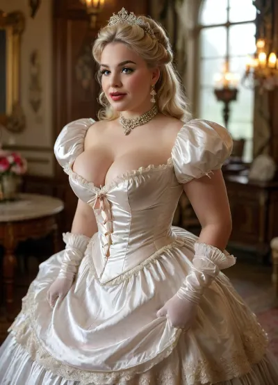 A stunningly beautiful blonde fairytale Princess shining with Royal Pomp and Regal Splendor, (super fat bbw teen:1.1), (obese:1.3), (happy laughing face:1), (big beautiful natural saggy low hanging breasts:1.5), wearing a Stately and, (((Elaborate))), Royal Cinderella off-shoulders Ballgown of Silver and White Brocade, with, (((enormous puffed sleeves))), a stiffly boned, padded and corseted bodice, translucent dress an hourglass waist, a, (((huge crinoline hoopskirt))), and, (((bustle))), adorned with ribbons, bows, roses, lace, ruffles, frills, embroidery, and jewels, elaborately curled and styled hair, long white gloves, pearl and diamond necklace and earrings, downblouse, nipslip, <lora:RealDownblouseXL2:1>, <lora:MJ52:.4>, bmbplora, <lora:bimboxl_02:.8>