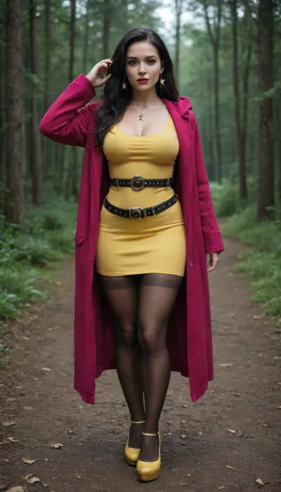 Amateur sweden girl, (((long black hair))), night, forest, glossy yellow summer dress, yellow high heels, photo pose, magenta hooded coat, (((large pornstar fake round tits:1.5))), extreme detailed, detailed backround, hourglass figure, (((8k, uhd))), (((oversize hips:1.4))), actress face, beautiful big eyes, seductive gaze, strong eye contact, magenta lipstick, ring earrings, black ruby necklace, dark eyeshadow, full shot, full body view, black waist belt, leg belt, thight skirt, black pantyhose