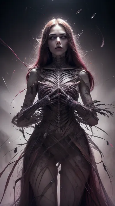 A Macabre and Surreal Illustration of a woman in light pastels depicts a skeletal figure adorned with elaborate floral arrangements that blend elements of the Gothic and Symbolist art movements. Meticulously detailed. Strong contrast between the organic and inorganic. A somber and timeless atmosphere with a hint of nostalgia and history. The light source comes from the front and casts subtle shadows that enhance the three-dimensionality of the bones and flowers. The floral elements are rendered with great attention to detail, their soft petals contrasting with the sharp, angular lines of the skeleton. The flowers add a romantic touch to the work. The texture is smooth with delicate, precise lines and a polished finish. Masterful blend of horror and beauty. Provokes reflection on the transience of life and the inevitability of death. romantic sunset, red, smoke, colorful and vibrant, mystical colors, iridescent perspective view, sweeping circling composition, non-representational, colors and shapes, expression of feelings, imaginative, long shadows, dreamy mood, detailed photo, photorealistic photo, realistic pretty women photo, realistic, night vision, soft fokus, parallax, overexposure, photo style, she kneels, cinematic, filmic, scribbled lines, surrender, polychromatic, diffuse, #©KITTYART