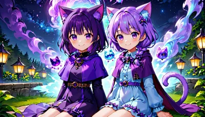 Cute Anime Girl Long Straight Purple Hair Lilac Eyes Lilac Long Shiny Dress Wide Long Sleeves Behind Back Purple Cloak Ears And Cat Tail On Girl's Shoulder Sitting Black Raven, Night, Air Lilac Mysterious Mist, Mysterious Mood, smile