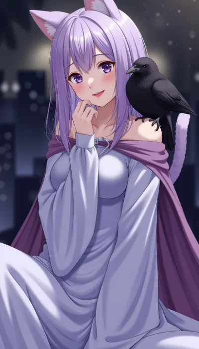 Cute Anime Girl Long Straight Purple Hair Lilac Eyes Lilac Long Shiny Dress Wide Long Sleeves Behind Back Purple Cloak Ears And Cat Tail On Girl's Shoulder Sitting Black Raven, Night, Air Lilac Mysterious Mist, Mysterious Mood, smile