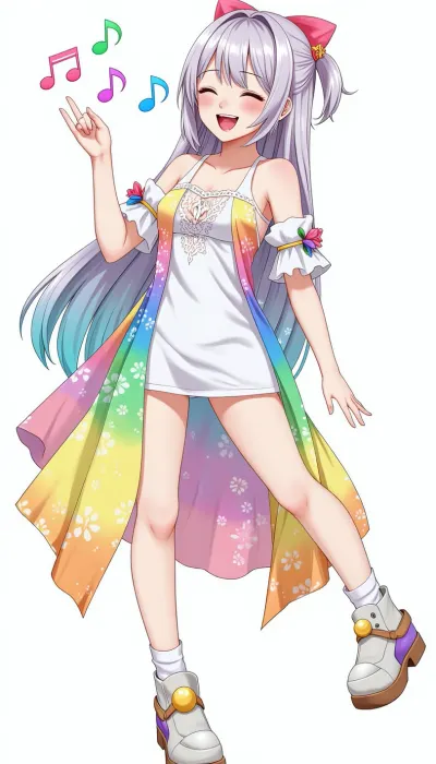 Anime Girl In A Wonderful Dress Dancing Near Her Neon Notes Neon Transparent Hair Long Hair Rainbow Neon Transparent Hair Dancing Absolute White Background Anime Girl In Rainbow Neon Clothes With Eyes Closed With Open Mouth Very Sharp Teeth