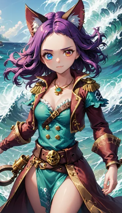 Imagine a character who combines the traits of a catgirl and a pirate princess. She possesses long purple hair that sways gently in the wind like sea waves, and her heterochromia gives her appearance a mysterious and unique appearance, one eye is bright blue and the other is deep green. Consider all aspects of her personality and appearance, including her style of clothing, accessories, and preferences. Aboard a pirate flagship