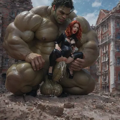 detail Black Widow, (red lipstick:1.3), lifting anal sex, (detail torn black latex costume, black very high platform high heels shoes), (detail giant size difference:1.3), (Hulk has a gigantic green veiny cock), his gigantic thick muscular body towers over her, (anally penetrated deeply by Hulk’s gigantic cock:1.5), (green gigantic cock:1.5), (the anal penetration is causing shaped stomach bulge:1.4), (detail Black Widow holding stomach bulge that accentuates the intensity of their savage anal intercourse), (moans in orgasmic ecstasy), 4K ultra-detailed image, HDR, enhancement, professional photography, realistic textures, maximum resolution, sharp focus, NSFW, picture, bulged, belly. Creampie, ((she is covered in cum)), (long curled red hair:1.2), (green, eyes)
