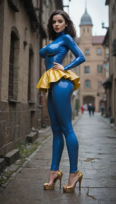 Snow White, yellow skirt, blue blouse latex skin-tight suit, big breasts, full-length, thin, bare feet, high-heeled shoes