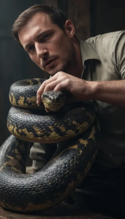 A huge anaconda swallows a man.
