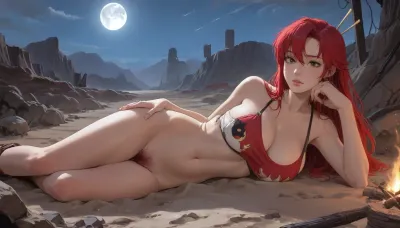Sorce_anime, score_9, score_8_up, score_7_up, score_6_up, Yoko Littner, (gurren laggan), niple slip, hairy pussy, laying, (on side), fit body, huge round breasts, niples visible, fallout desert, bonfire, night, moon, Anime, painted, illustration, made in adobe illustrator, no gradients, incase style, concept, art, by, syd, mead, retro, futuristic, flat colors, ratatatat74, <lora:outline_xl_kohaku_delta_spv5x:.8>, <lora:ratatatat74-000050:.8>, <lora:cartoon_stickers_xl_v1:.8>, <lora:NEOTOKIOXL_0.2_RC:.8>