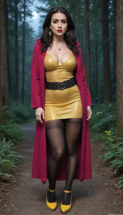 Amateur sweden girl, (((long black hair))), night, forest, glossy yellow summer dress, yellow high heels, photo pose, magenta hooded coat, (((large pornstar fake round tits:1.5))), extreme detailed, detailed backround, hourglass figure, (((8k, uhd))), (((oversize hips:1.4))), actress face, beautiful big eyes, seductive gaze, strong eye contact, magenta lipstick, ring earrings, black ruby necklace, dark eyeshadow, full shot, full body view, black waist belt, leg belt, thight skirt, black pantyhose