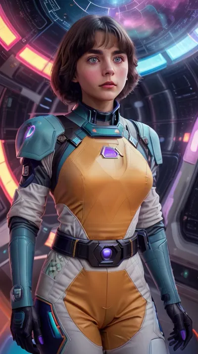 (AlSe:.8), Alice Seleznyova, young brunette, bob cut, full length view, stands in front of a massive retro-futuristic spaceship with rounded shapes, glossy metallic panels, and vibrant neon control interfaces, (inspired by 70s-80s Soviet space utopia aesthetics), . Her jumpsuit features geometric patterns, chest-mounted light indicators, and a utility belt with gadgets. She holds a holographic device projecting a glowing blue spiral of mysterious symbols, (a mix of Cyrillic letters and alien hieroglyphs), into the air. Behind her, a window reveals distant stars and a purple nebula. The hologram emits dynamic light effects, as if reacting to her touch. Style, Highly detailed, warm color palette, (ochre, teal, violet tones), subtle "vintage" texture reminiscent of Soviet scientific posters. Alice’s expression is determined and curious, her gaze focused on the hologram, as if she’s just made a groundbreaking discovery, maximum details, <lora:AlSeReal:.5>