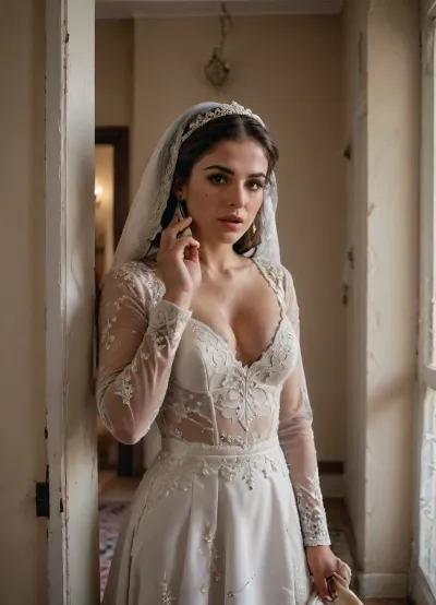 POV of someone secretly watching an Iranian slut super busty bimbo bride through a half-open door. interracial, super giant muscular black skin man, The camera angle is slightly hidden, as if the viewer is peeking from the hallway. The bride is completely unaware, facing away or in profile, in the middle of an intense phone call with the groom. Her expression is upset—angry, emotional, and raw. One hand is holding the phone, and the other is gesturing with frustration. She is dressed in a traditional Persian white wedding dress with delicate embroidery. One bridal shoe is on, the other still on the floor. Soft natural light enters from a side window, casting gentle shadows and creating a moody, cinematic atmosphere. The edge of the door or wall partially frames the image, enhancing the feeling of secrecy and voyeurism. The mood is tense, private, and emotionally charged—like a stolen moment before a wedding confrontation., sokate, <lora:sokate:.8>, <lora:dAIversityUnderstandingXLRealistic:.8>, detailed, eyes, perfect, freckles, skin, texture, photorealistic, <lora:Super_Eye_Detailer_By_Stable_Yogi_SDPD0:.8>, supermodel, face, big, lips, <lora:Beautify-Supermodel-SDXL:.8>