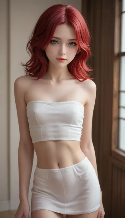 A beautiful young woman with fair, smooth skin and vibrant, shoulder-length red hair, styled straight with soft tips framing her face. She has large, blue-grey eyes with a soft shimmer, long lashes, and subtly arched eyebrows, makeup, with a slight smile and a calm, confident gaze.

She wears a delicate olive-green strap with thin lines, slightly clinging to her figure, hinting at her curves. A white strap from an tanga looks out.

The background is a softly lit, blurred bathroom interior with light pastel tones, a towel draped on a wooden door, and a simple white stool with purple dots.
flat, chested, <lora:flat_chested_v3.5:.8>, reverse, cowgirl, white, cock, black, closeup, <lora:reverse-cowgirl-xl-2.0:.8>