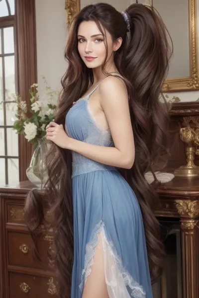 (masterpiece), Anatomically correct, perfect face, hands have five fingers, glamour styled hair, a 34 year old Polish woman, she has very thick extremely long loosely curled black hair with ginger highlights and very long bangs, ((long bangs)), she is naked, she has very large enhanced breasts, (((huge breasts))), (extremely long bangs), she is standing in a bedroom of a wealthy mansion, she is smiling, (highly detailed hair), (slim waist), very_long_hair, <lora:hair_length_slider_v1:2>, mega, side, ponytail, big, hair, <lora:mega_side_ponytail-1.1r16:.8>, (breasts bigger than head)