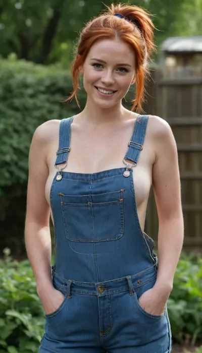 garden, sunny day, underboob, 30 yo gardener, freckles, red hair, hair up, pony tail, perky boobs, loose fitting dirty denim overalls with big front pocket, very sweaty, sweaty forehead, sweaty hair, sweaty chest, happy, smile, holding overall straps, (detailed face and eyes:1.2), (one overall strap is unhooked exposing only one of her boobs), one strap hanging down, no shirt, naked tits