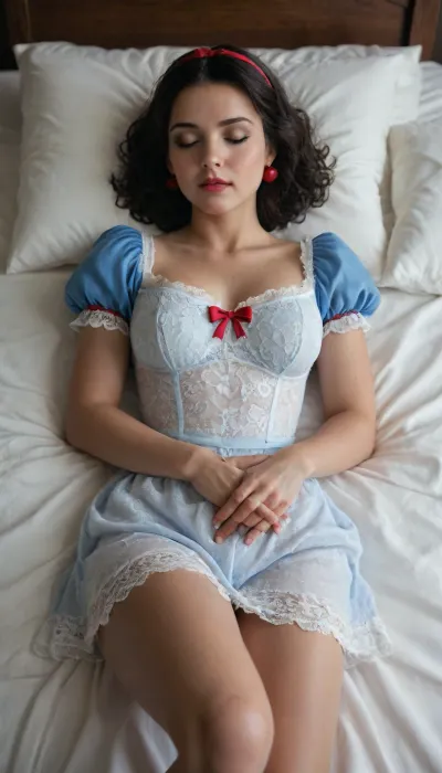 (((Snow white))), ((((lace, clevage, lying in bed, eyes closed))))