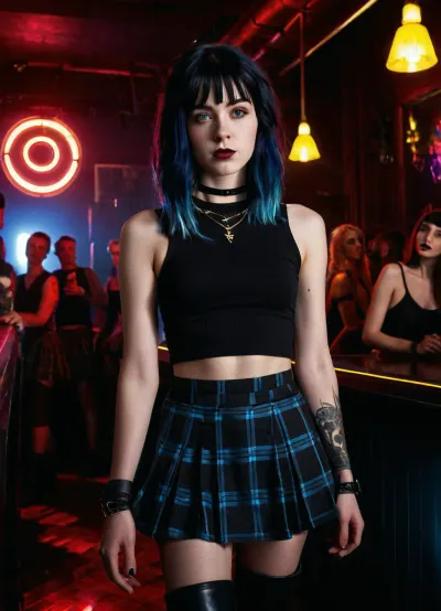 22 year old woman named Olivia, pale skin, American, emo girl, (black hair with blue dyed highlights), (blue highlights in hair), shoulder length straight hair, bangs, boyish build, cute face, round face, grey eyes, small breasts, flat chested, freckles, 5 foot 5 height, tattoos on arms, Wearing plaid skirt and black tank top, Smokey eye makeup, dark lipstick, black choker necklace, black doc marten style boots, (Dancing in night club), crowd of people, Cinematic lighting, moody lighting, neon lights, Ultra-realistic art style, RAW Photograph, dslr, hyper realistic, ultra realistic, high quality, film grain, detailed skin with visible pores, insane details, 8k, super ultra high resolution, NEGATIVE_HANDS, BadX, detailxl, reij-mg, neon, lights, dark, ambient, light, <lora:Colorful Hair Slider_alpha1.0_rank4_noxattn_last:1>, <lora:crowd_notrigger:.8>, <lora:reij-moderngothic-000006:1.7>, <lora:Dancing_girl-000008:.8>