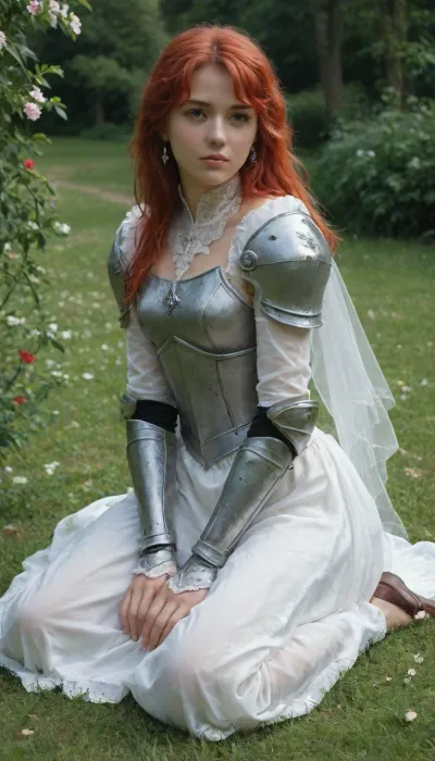 anime, red-haired girl knight in armor in a blooming garden, short wedding dress, sitting on the grass, blooming garden, spring, drawing small details, anime style of the 80s