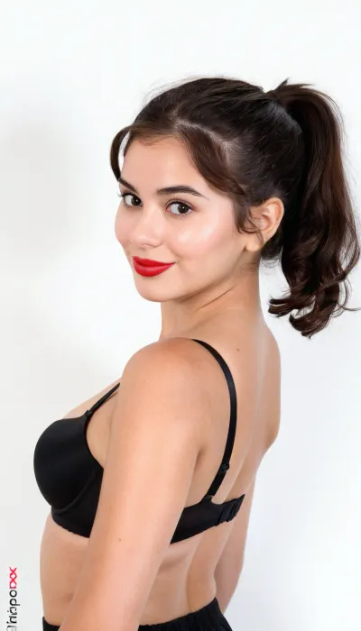 Passport photo, A 22 years old mexican woman, small sagging breasts, brunette, wearing black bra, smiling, short wavy hair, Black color hair, red lips, hyperrealistic photo, white background, Full HD, 8K, ponytail