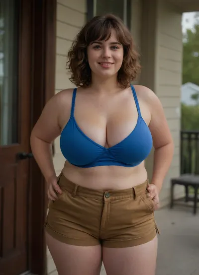 Fat, obese pear shaped 20 year old woman, ((wearing brown cargo shorts and a blue sports bra)), (nerd), fat belly and thighs, very overweight, (((UHD 8K, masterpiece, best quality, maximum details, natural lighting, extreme realism))), (((view from behind looking over her shoulder))), (((wide hips))), (huge butt), short, pale skin, fair skin, (((fat face))), (smiling), (brown hair), (short curly hair), ((front bangs)), (brown eyes), (huge saggy breasts), (cleavage), big jugs, ((standing outside on the front porch))