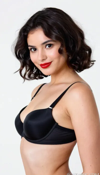 Passport photo, A 22 years old mexican woman, small sagging breasts, brunette, wearing big black bra, smiling, short wavy hair, Black color hair, red lips, hyperrealistic photo, white background, Full HD, 8K