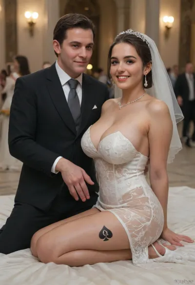 A joyous Iranian wedding celebration in an elegant indoor venue, featuring a bride with very pale skin and a curvy ‌super busty figure sitting on a luxurious chair. The bride wears a stunning super slutty white wedding gown with intricate sheer details, (((her leg exposed to reveal a detailed black spades tattoo))), . The groom, dressed in a sharp black suit, kneels beside her, proudly showing the tattoo on her leg to the guests. The crowd of guests, dressed in festive and elegant attire, surrounds them, smiling and celebrating with happiness. The setting is warm and festive, adorned with soft lighting, floral decorations, and a romantic ambiance, capturing the love and excitement of the moment.